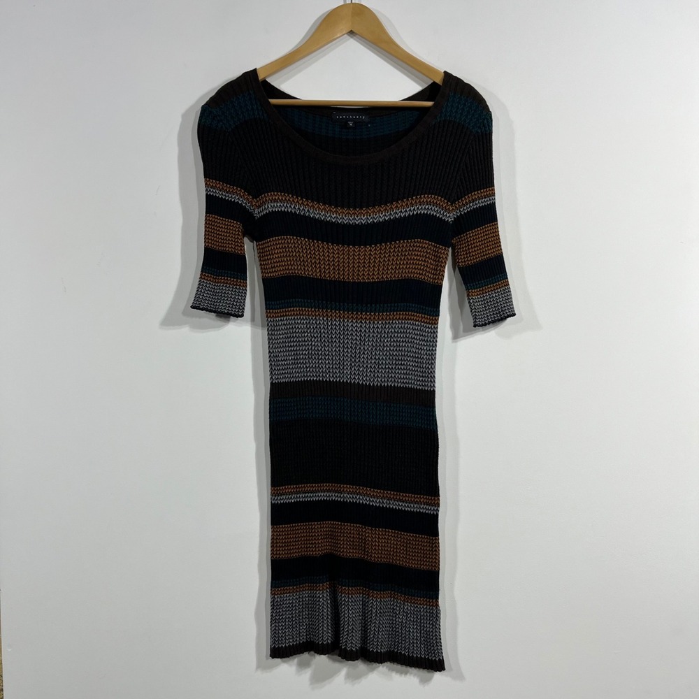 Sanctuary Crochet Y2K Striped Ribbed Knit Midi Dress Brown Medium Boho Festival